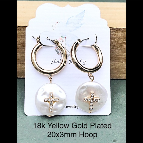 COPY - CZ Cross Freshwater Coin Pearl Gold Hoop Earrings, NEW! Ships in gift box - Picture 5 of 8